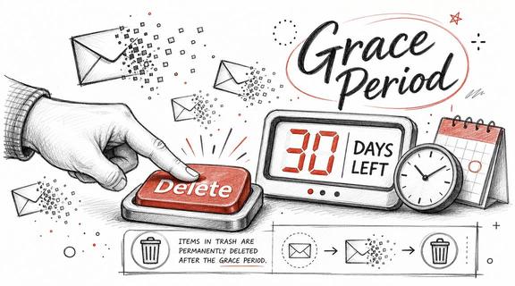 A hand pressing a delete button with a thirty day grace period clock for digital trash.