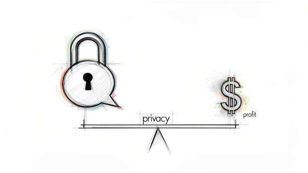 A conceptual sketch of a balance scale weighing privacy (padlock icon) against profit (dollar sign icon).