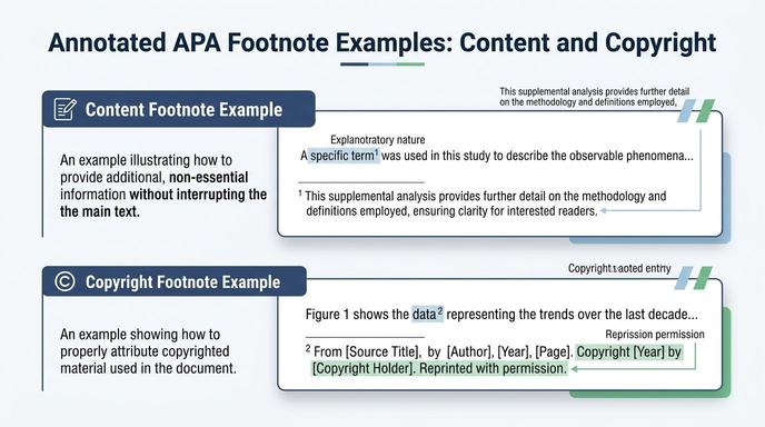 An infographic illustrating APA format guidelines for using content and copyright footnotes in academic papers.