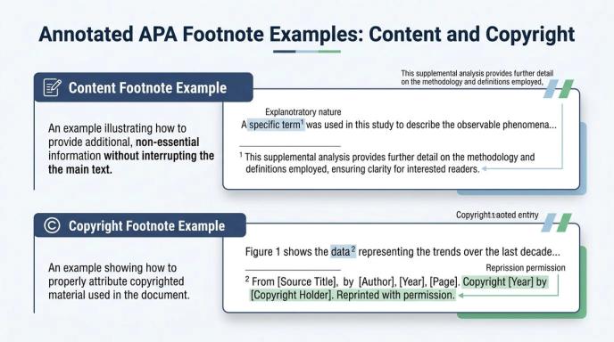 An infographic illustrating APA format guidelines for using content and copyright footnotes in academic papers.