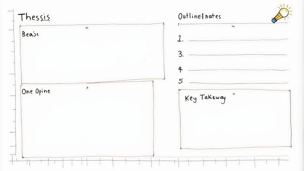 Handwritten academic planning template with sections for thesis, outline, and key takeaways, featuring a lightbulb icon.