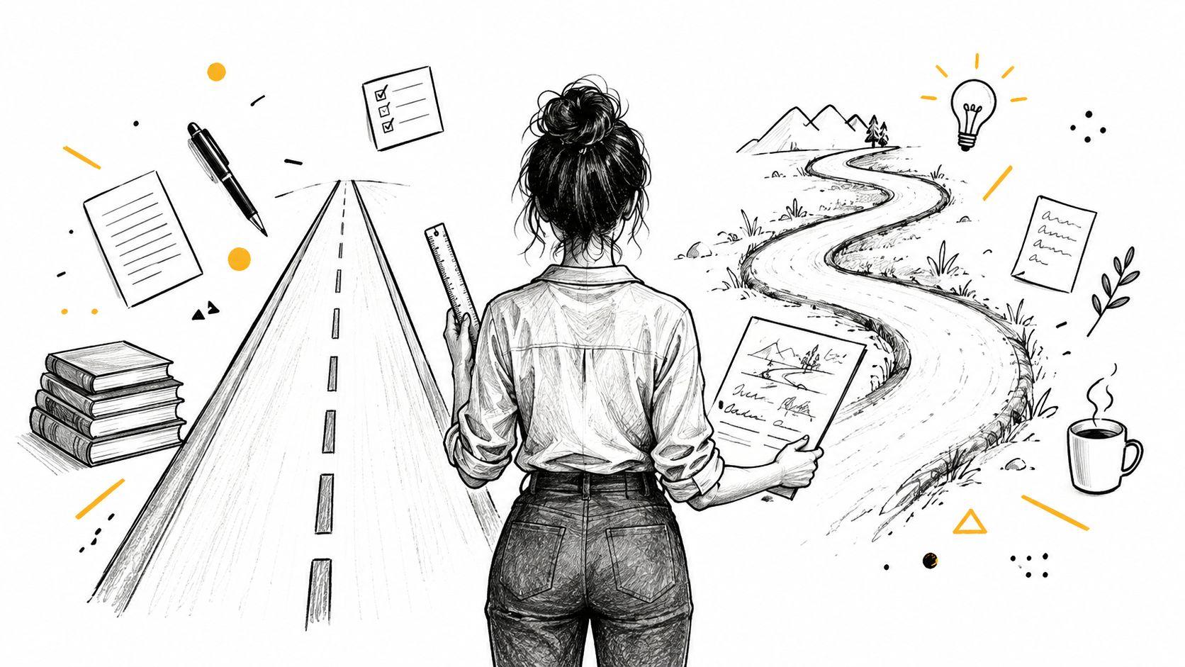 A woman stands between a straight highway and a winding path, holding sketches of her career journey.