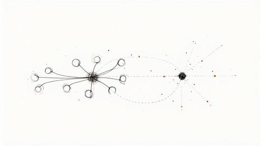 Abstract diagram depicting two central nodes with radiating lines, circles, and scattered dots on white.