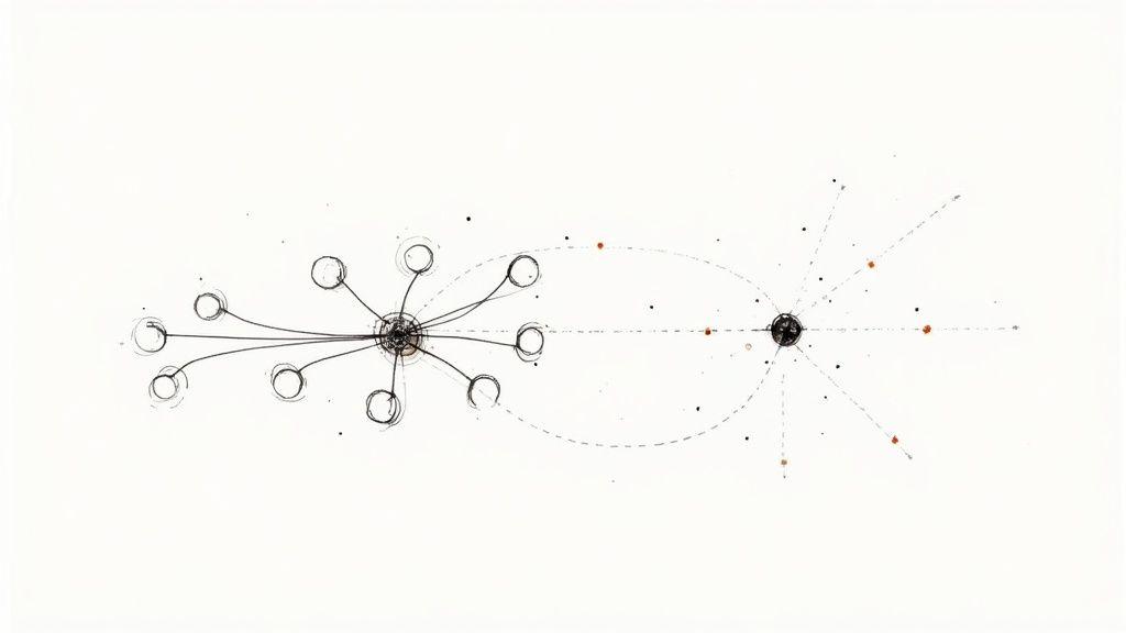 Abstract diagram depicting two central nodes with radiating lines, circles, and scattered dots on white.