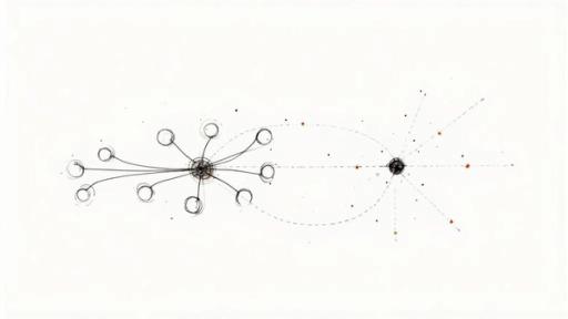Abstract diagram depicting two central nodes with radiating lines, circles, and scattered dots on white.