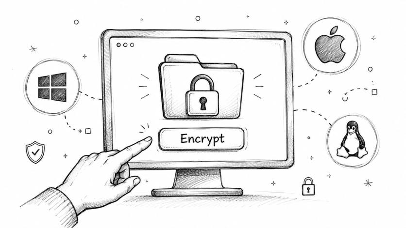 A hand clicks an encrypt button on a computer screen surrounded by operating system icons.