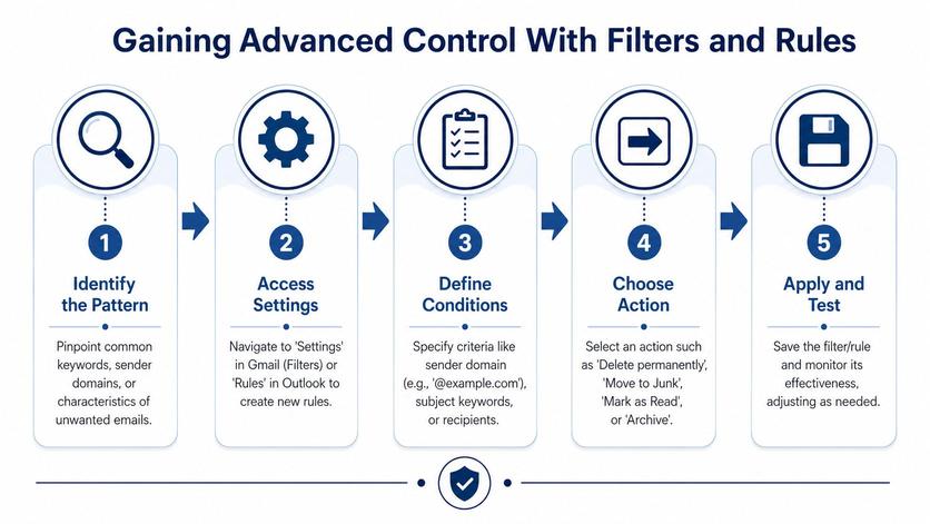 A five-step infographic showing how to use email filters and rules to manage unwanted inbox messages.