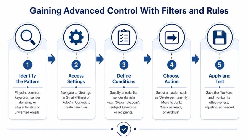 A five-step infographic showing how to use email filters and rules to manage unwanted inbox messages.