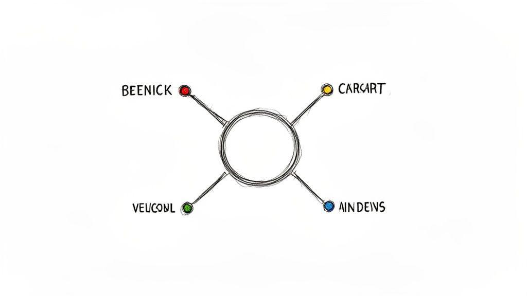 A simple hand-drawn diagram with a central circle connected to four colored dots and unique words.