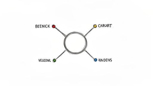 A simple hand-drawn diagram with a central circle connected to four colored dots and unique words.