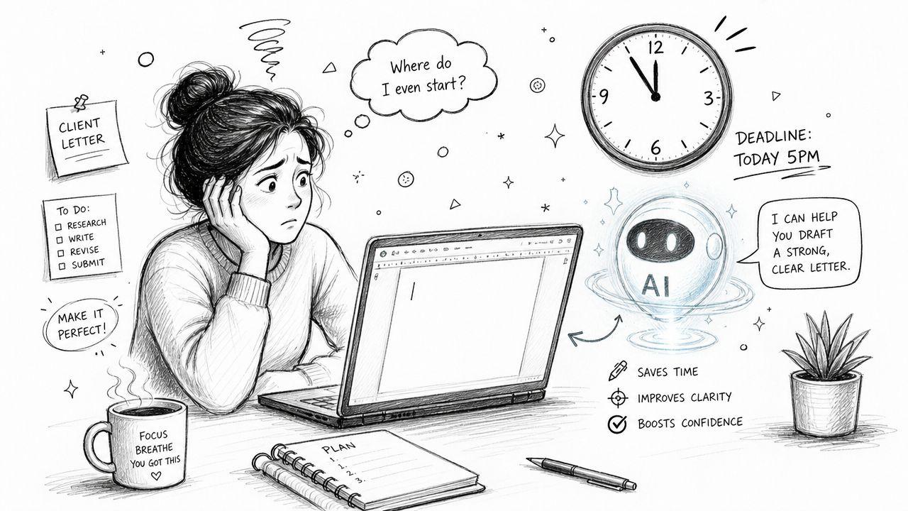A woman feeling stressed about writing a client letter near a deadline, assisted by an AI tool.