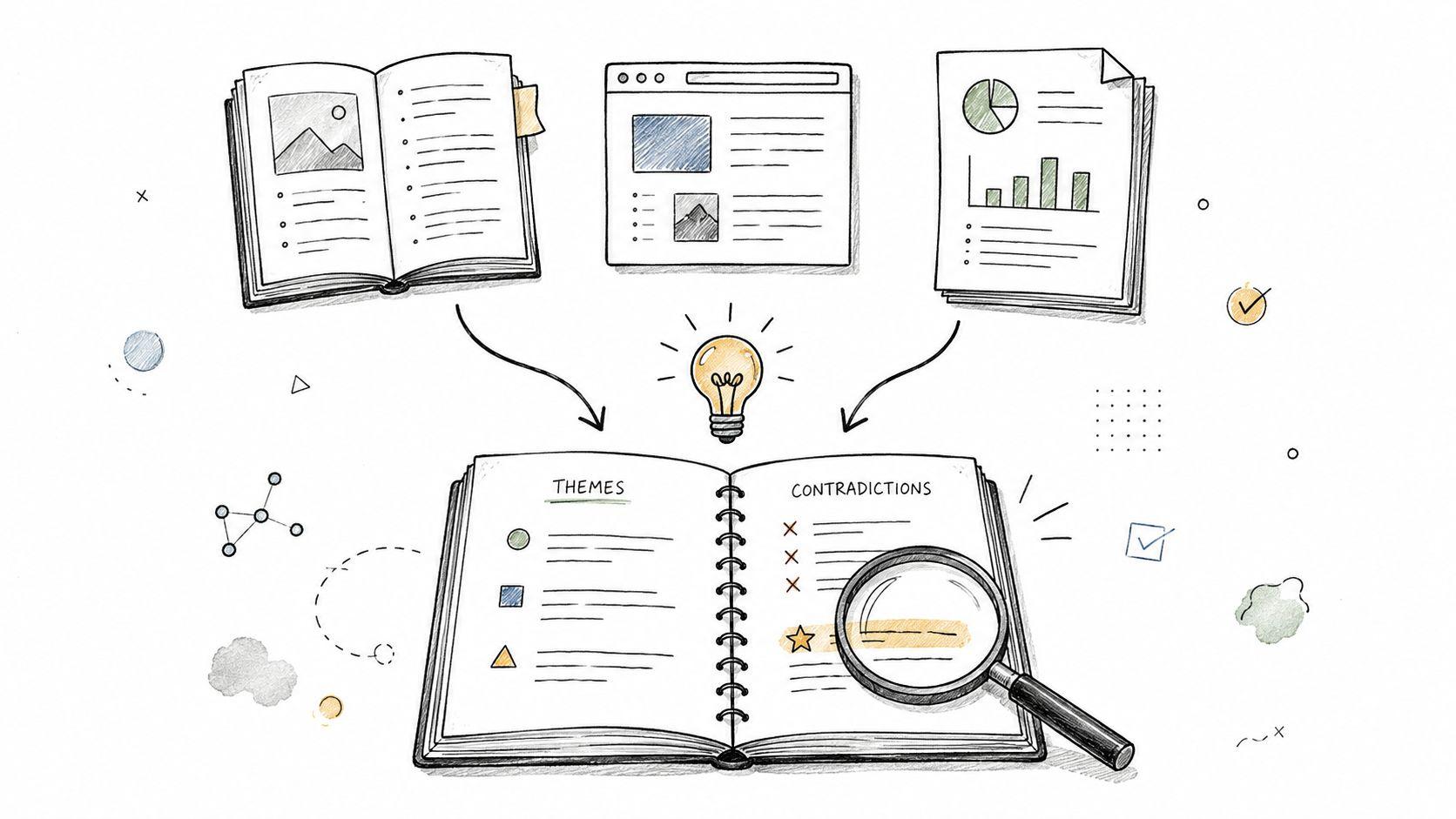 A hand-drawn illustration showing information gathering and analysis from documents into a central notebook of themes.
