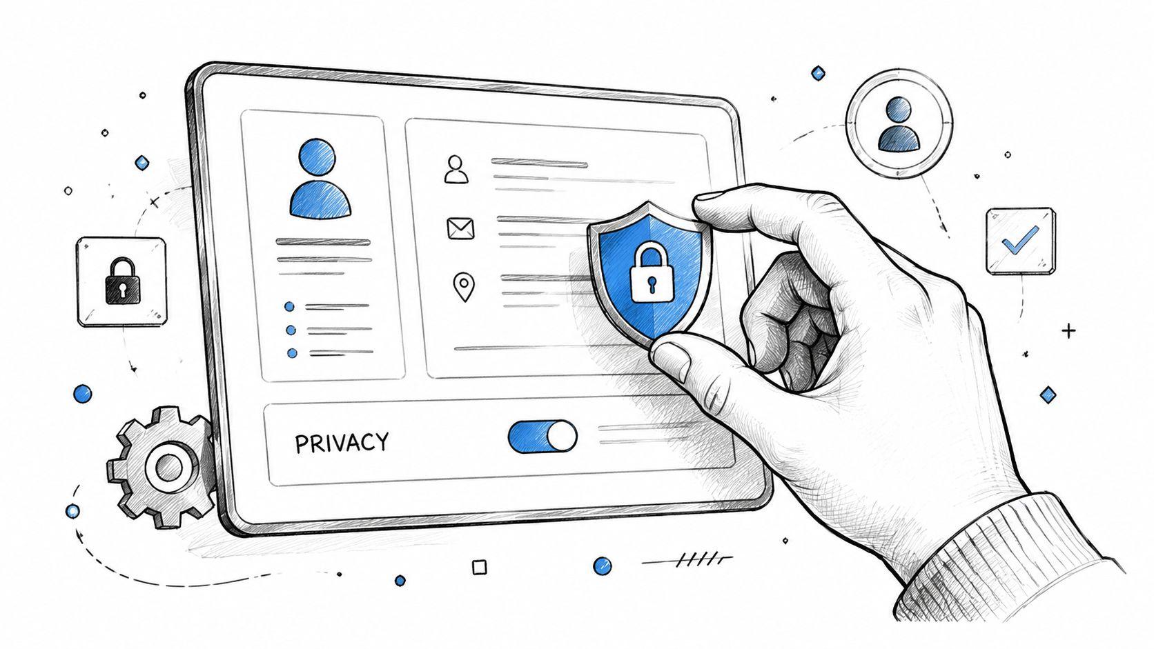 A hand placing a shield icon with a padlock over a digital privacy settings dashboard interface.