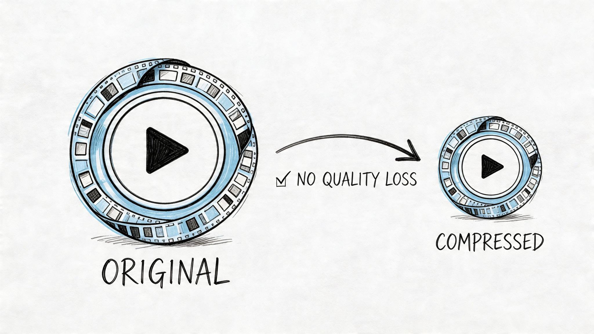 A sketched illustration showing a video file being reduced in size without losing any picture quality.