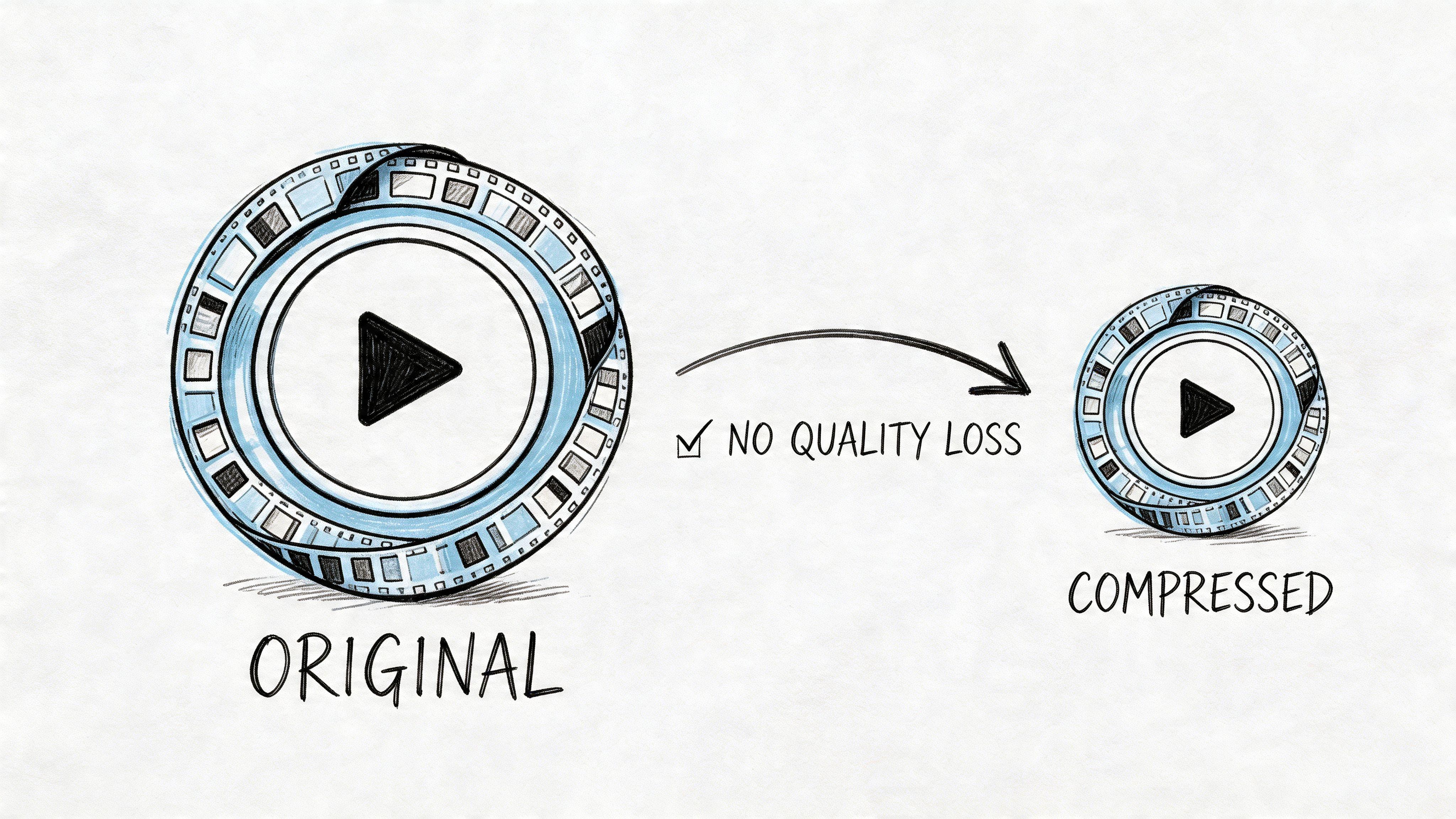 A sketched illustration showing a video file being reduced in size without losing any picture quality.