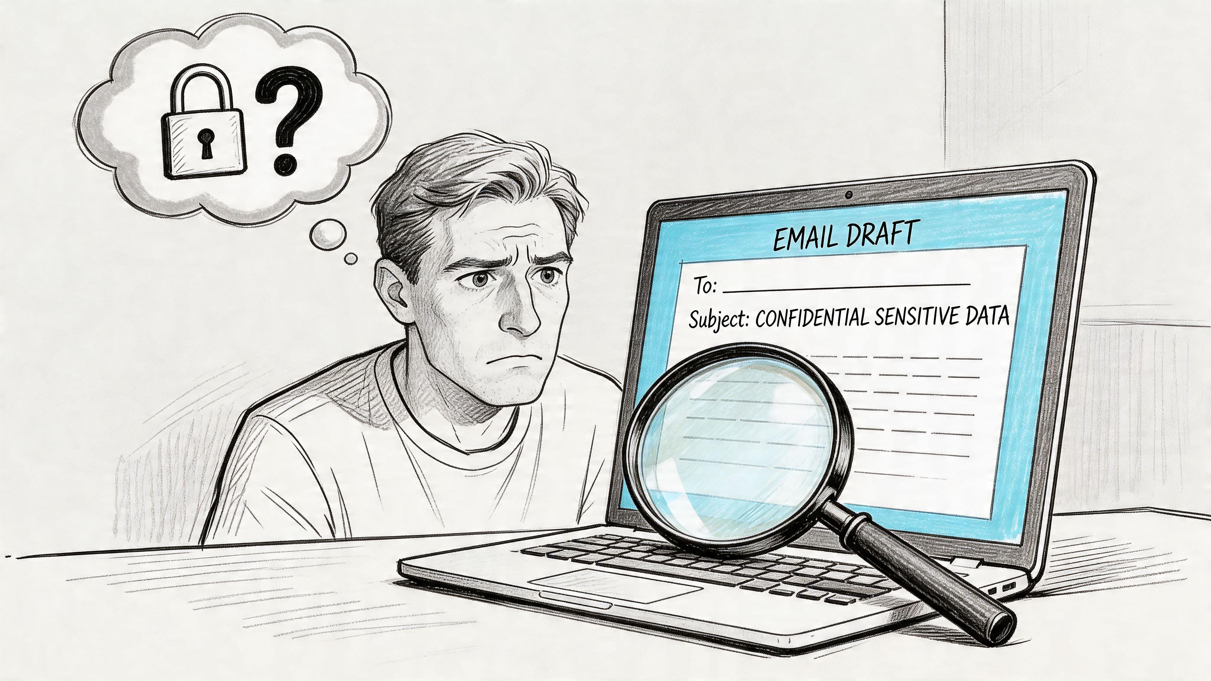 A worried man looks at a laptop screen showing an email draft about confidential sensitive data.