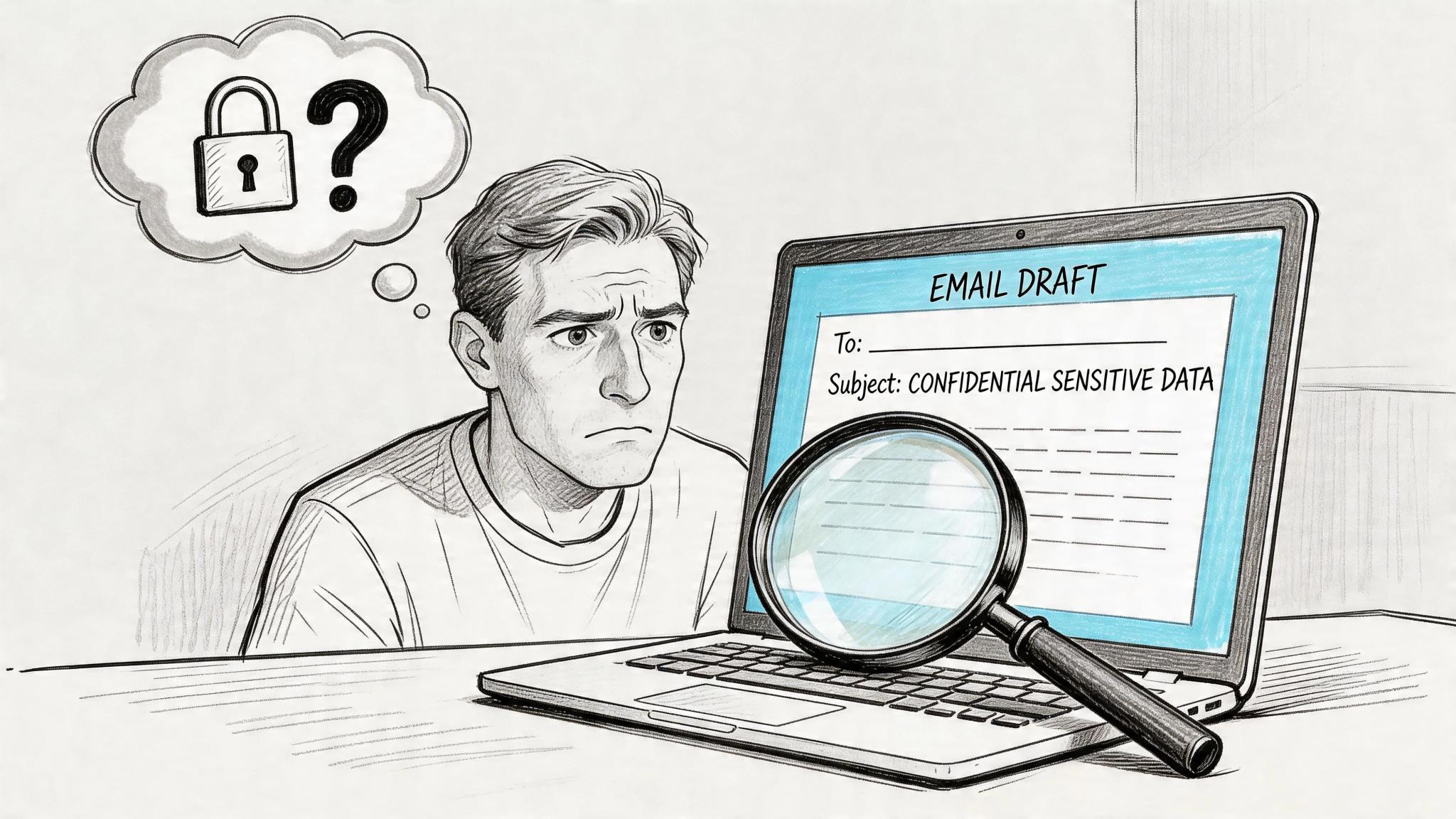 A worried man looks at a laptop screen showing an email draft about confidential sensitive data.