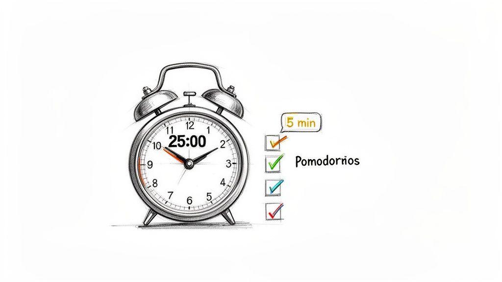 Hand-drawn alarm clock showing 25:00 minutes and a checklist for the Pomodoro study technique.