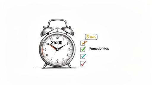 Hand-drawn alarm clock showing 25:00 minutes and a checklist for the Pomodoro study technique.