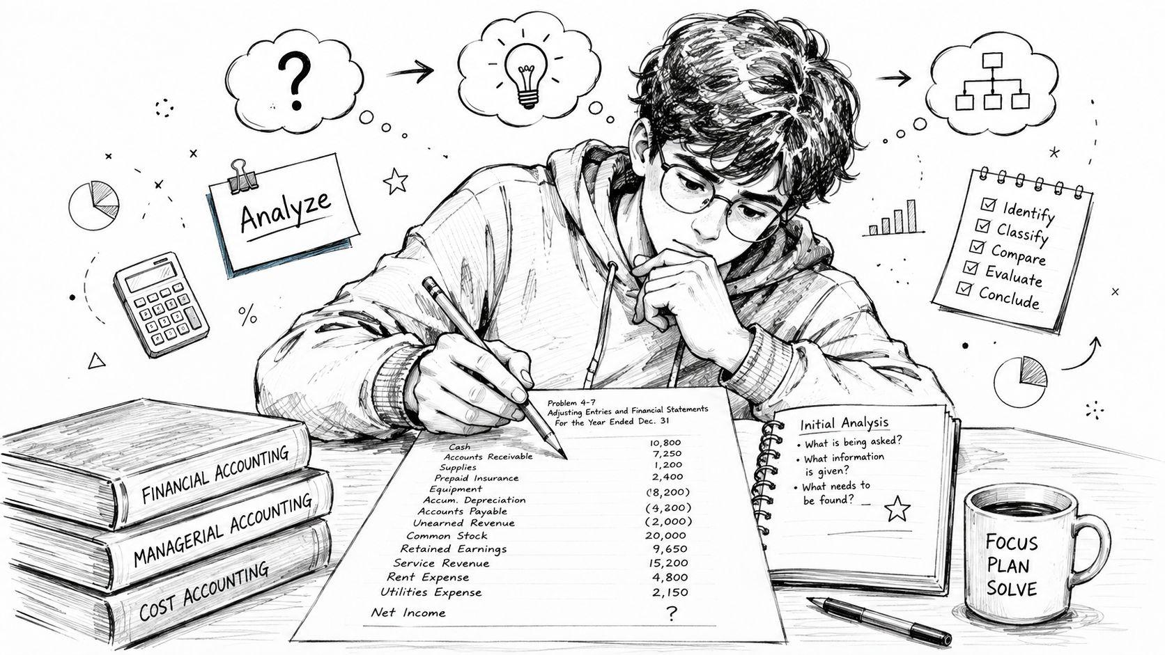A student focused on solving complex accounting problems at a desk with textbooks and financial documents.