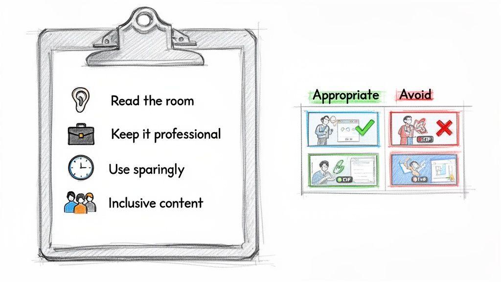 Guidelines for professional communication, emphasizing reading the room, professionalism, sparing use of content like GIFs, and inclusive content.