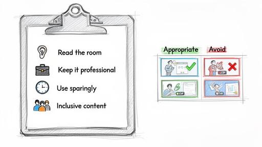 Guidelines for professional communication, emphasizing reading the room, professionalism, sparing use of content like GIFs, and inclusive content.