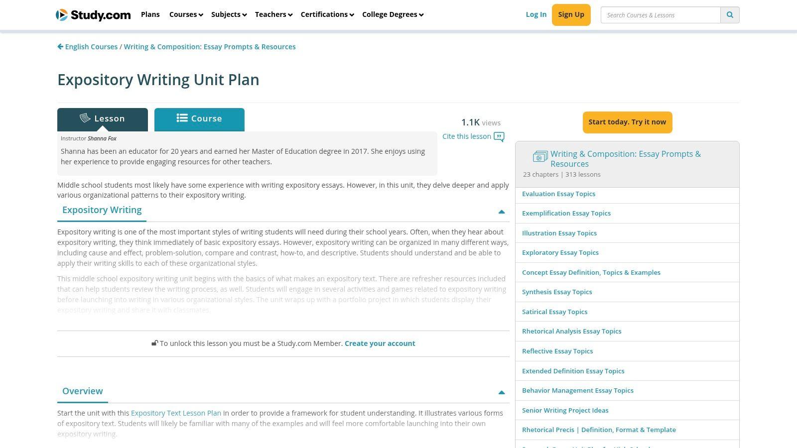A lesson plan for expository writing on Study.com, showing educational content and related activities.