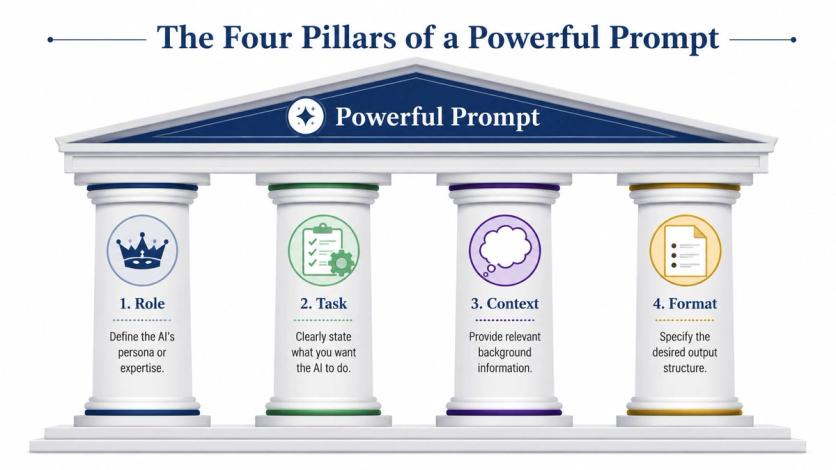 A graphic illustration of four pillars labeled Role, Task, Context, and Format for building powerful AI prompts.