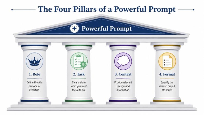 A graphic illustration of four pillars labeled Role, Task, Context, and Format for building powerful AI prompts.
