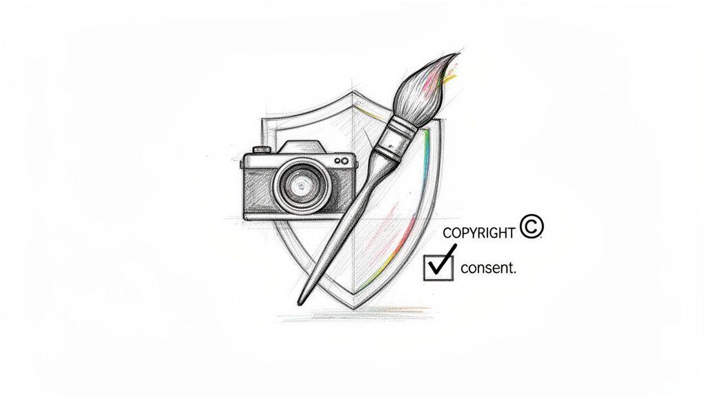 A sketch of a camera and paintbrush behind a shield with 'COPYRIGHT © consent' text.