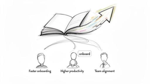 Sketch of an open book with knowledge flowing towards improving onboarding, productivity, and team alignment.
