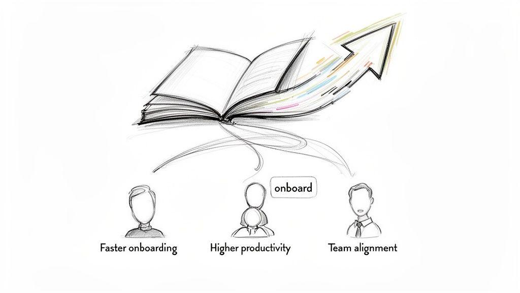 Sketch of an open book with knowledge flowing towards improving onboarding, productivity, and team alignment.
