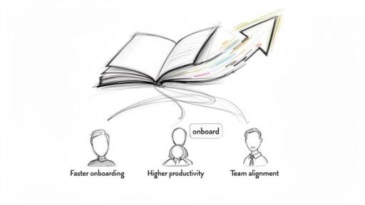 Sketch of an open book with knowledge flowing towards improving onboarding, productivity, and team alignment.