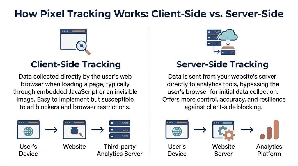 A diagram comparing client-side tracking, where data goes from browser to analytics, and server-side tracking, bypassing the browser.