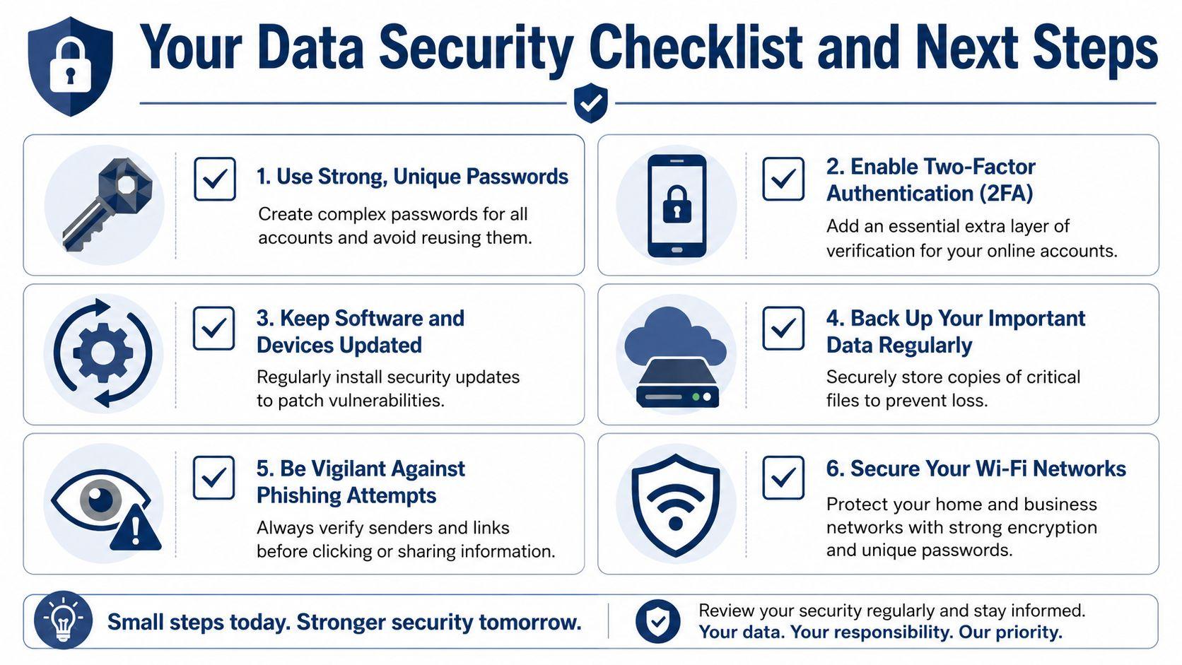 A data security checklist infographic illustrating six essential steps for protecting online accounts and sensitive information.