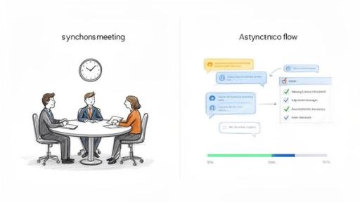 Illustration comparing a synchronous team meeting with an asynchronous communication flow using chat and checklists.