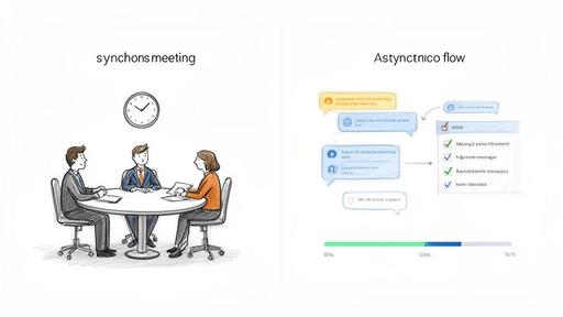 Illustration comparing a synchronous team meeting with an asynchronous communication flow using chat and checklists.
