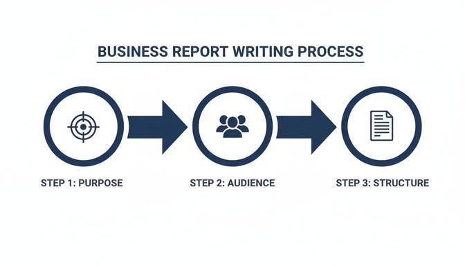 Diagram showing a 3-step business report writing process: Purpose, Audience, and Structure.