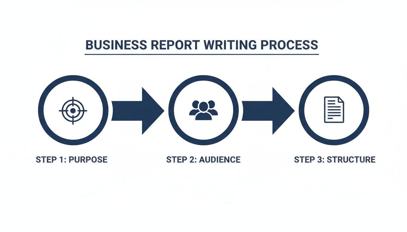 Diagram showing a 3-step business report writing process: Purpose, Audience, and Structure.