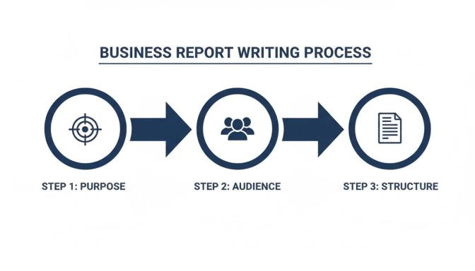 Diagram showing a 3-step business report writing process: Purpose, Audience, and Structure.