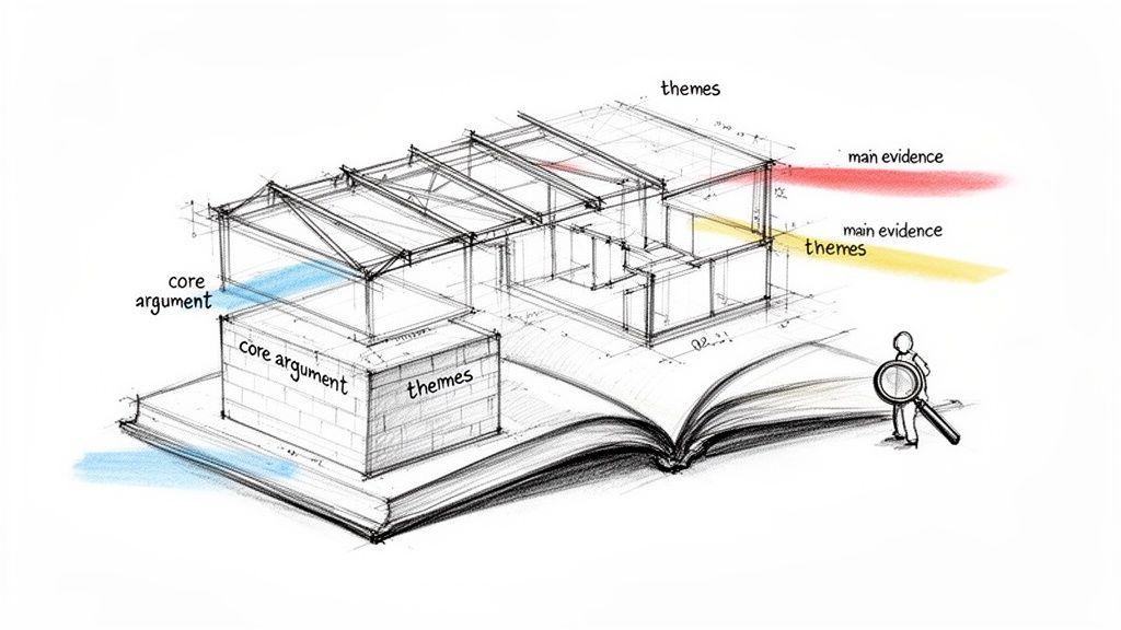 Conceptual drawing of a house built on an open book, illustrating 'core argument', 'themes', and 'main evidence'.
