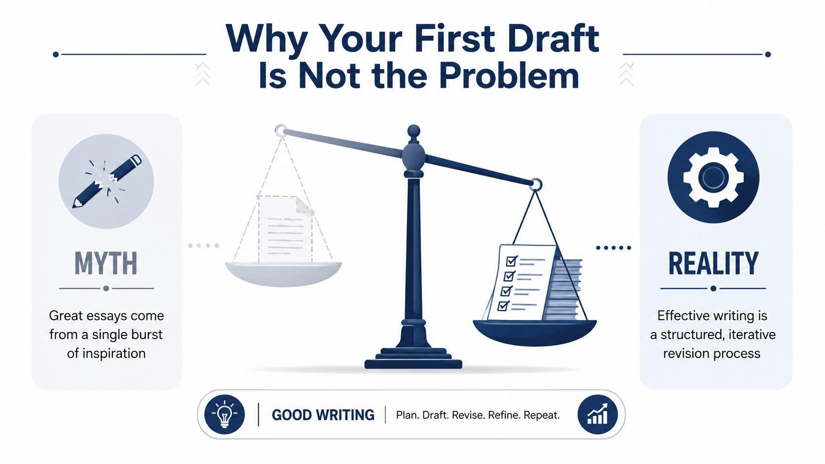 An infographic contrasting the myth of essay writing as pure inspiration with the reality of structured revision.