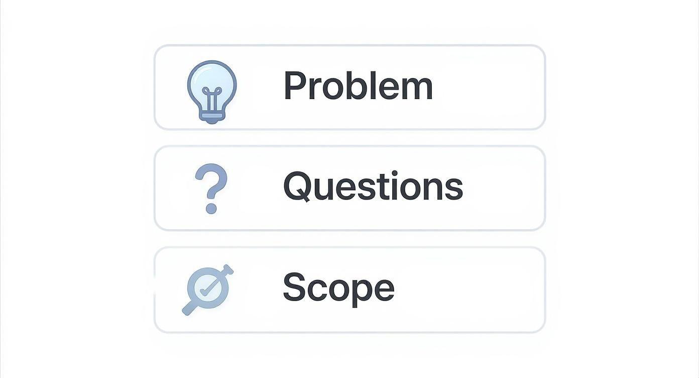 Three white buttons with icons and text: Problem, Questions, and Scope, representing research plan stages.