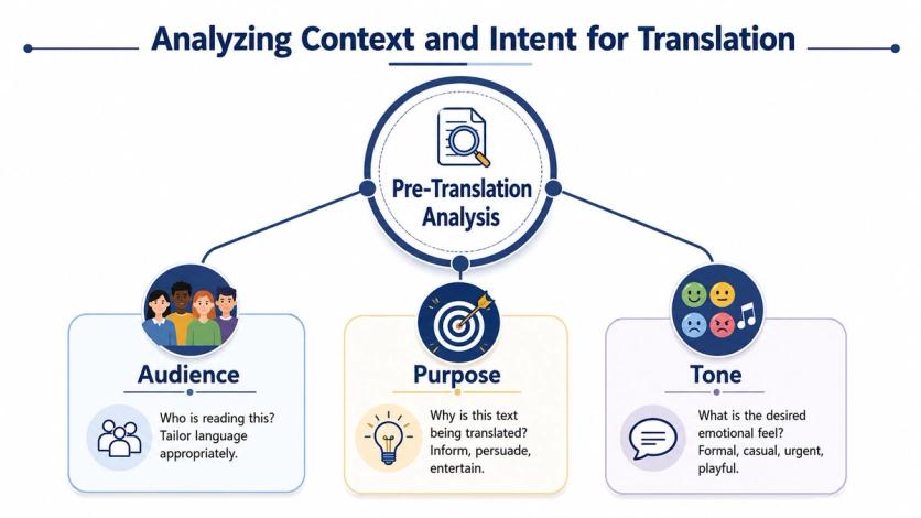 An infographic titled Analyzing Context and Intent for Translation, illustrating Pre-Translation Analysis covering Audience, Purpose, and Tone.