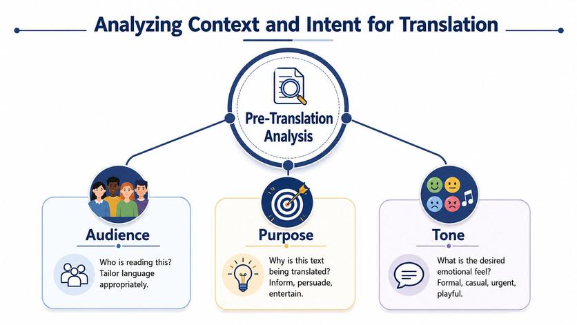 An infographic titled Analyzing Context and Intent for Translation, illustrating Pre-Translation Analysis covering Audience, Purpose, and Tone.