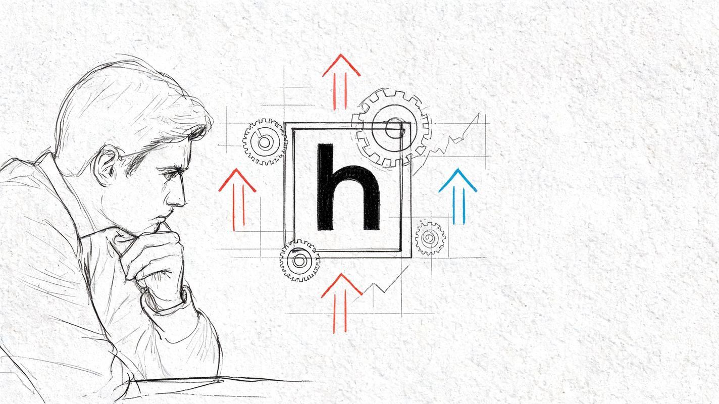 A sketched illustration of a person thinking beside an h-index symbol surrounded by gears and rising arrows.