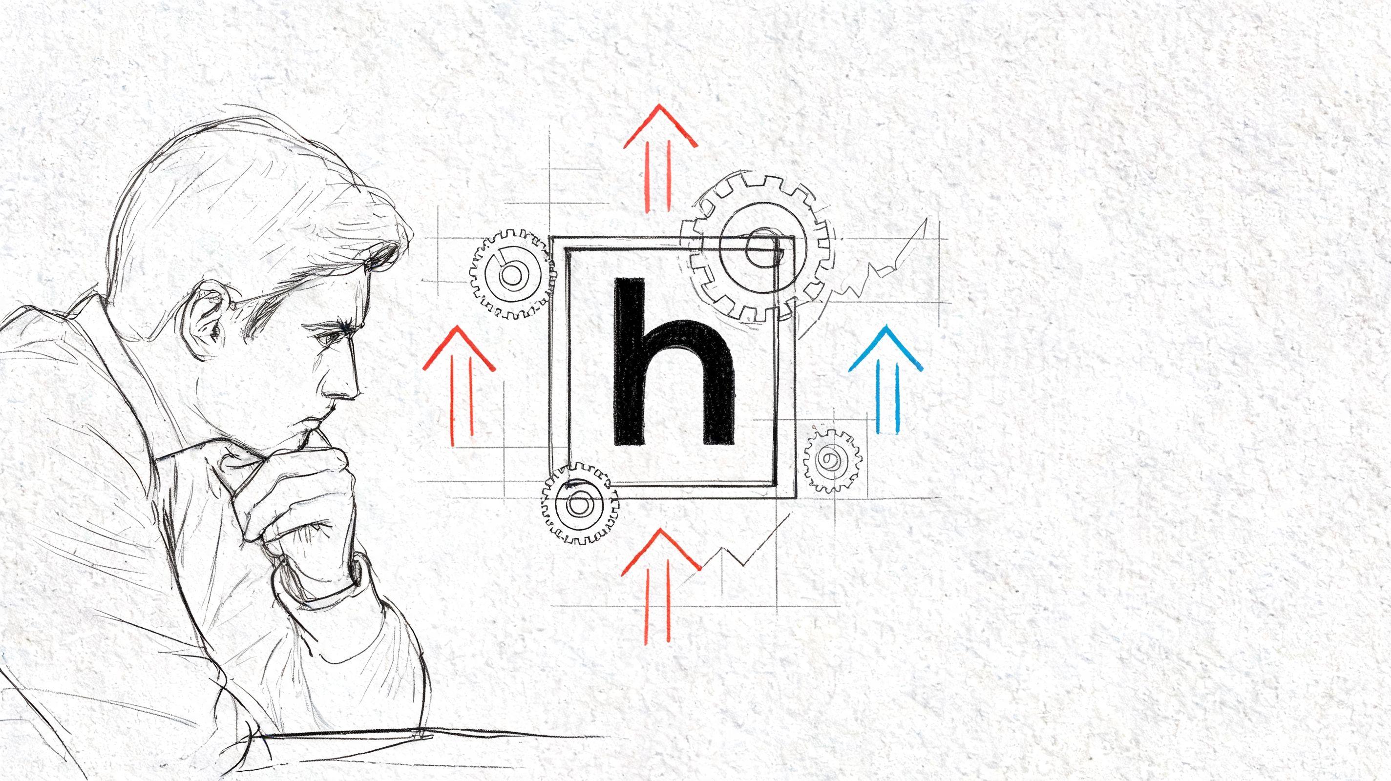 A sketched illustration of a person thinking beside an h-index symbol surrounded by gears and rising arrows.