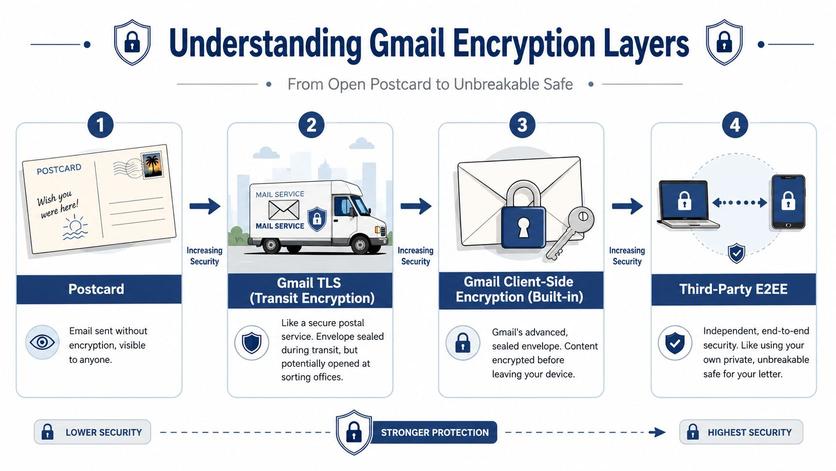 A diagram illustrating four levels of Gmail encryption, ranging from unencrypted postcards to end-to-end security measures.