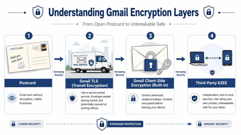 A diagram illustrating four levels of Gmail encryption, ranging from unencrypted postcards to end-to-end security measures.