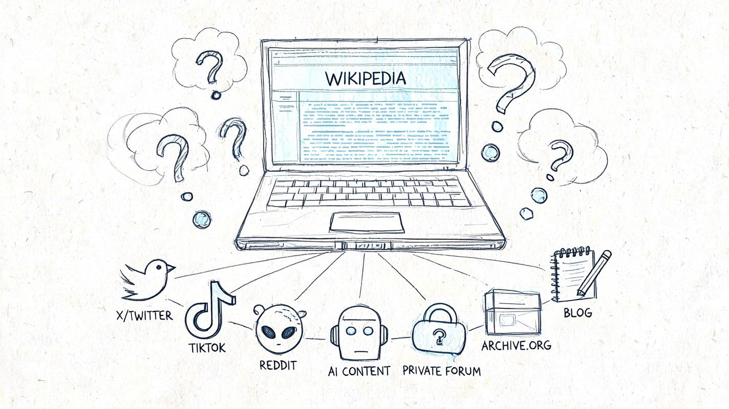 A conceptual sketch showing a laptop displaying Wikipedia surrounded by various digital information sources and question marks.